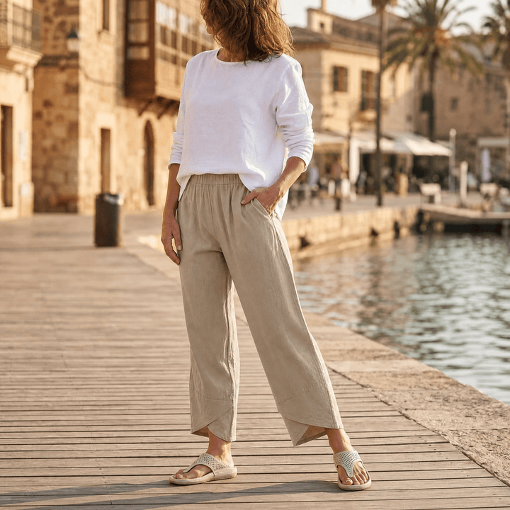 Brindis | Women's Wide Leg Cropped Linen Pants - Beige - Image 9