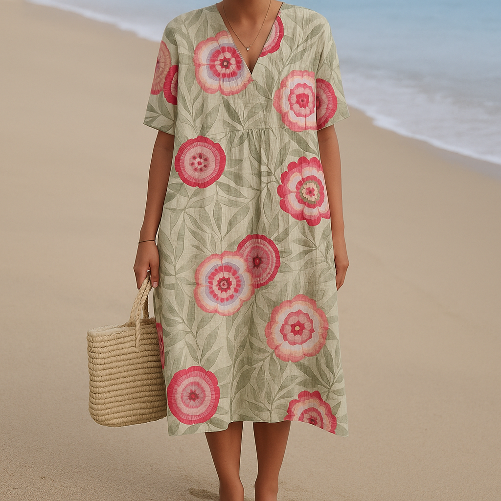 Brindora | Women's Floral Print Short Sleeve Midi Dress - Floral - Image 1