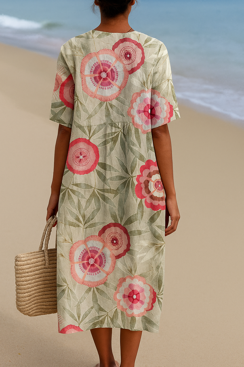 Brindora | Women's Floral Print Short Sleeve Midi Dress - Floral - Image 2