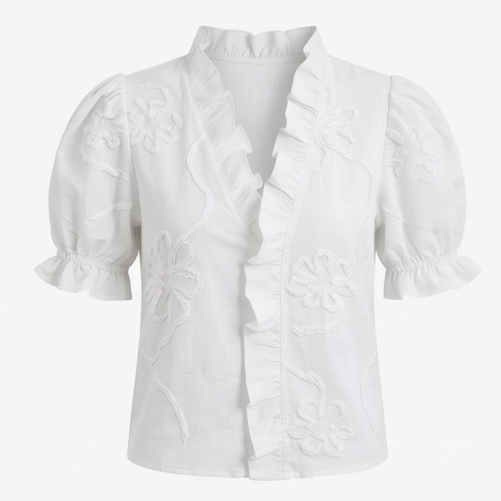 Brinley | Women's Floral Embroidered Puff Sleeve Blouse - White - Image 16
