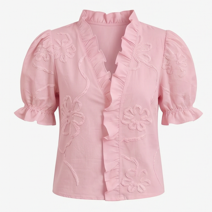 Brinley | Women's Floral Embroidered Puff Sleeve Blouse - White - Image 17