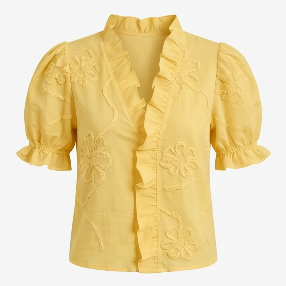 Brinley | Women's Floral Embroidered Puff Sleeve Blouse - White - Image 18