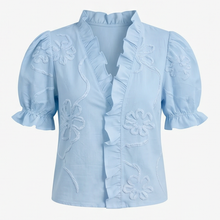 Brinley | Women's Floral Embroidered Puff Sleeve Blouse - White - Image 19