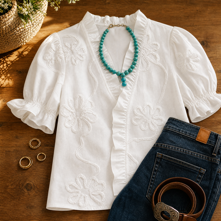 Brinley | Women's Floral Embroidered Puff Sleeve Blouse - White - Image 4