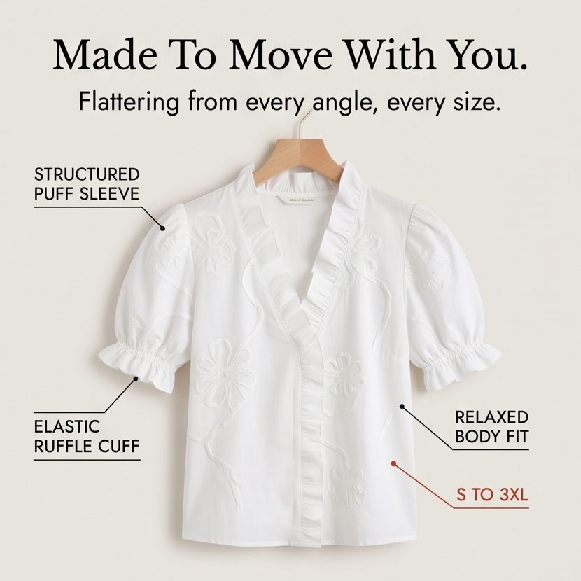 Brinley | Women's Floral Embroidered Puff Sleeve Blouse - White - Image 7
