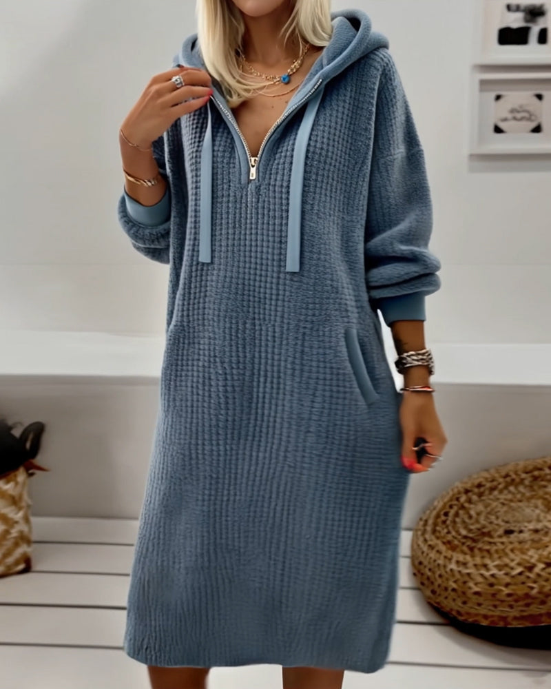 Briony | Women's Hooded Midi Dress with Zip Detail - Blue - Image 3
