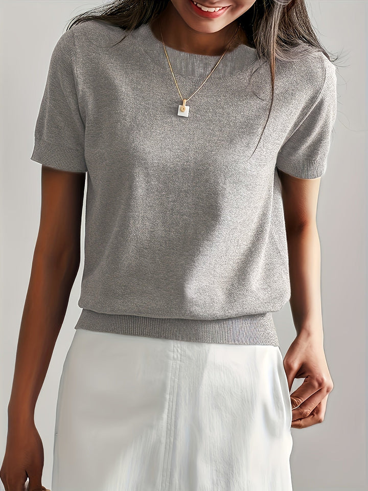 Briony | Women's Ribbed Knit Short Sleeve Sweater - Grey - Image 1