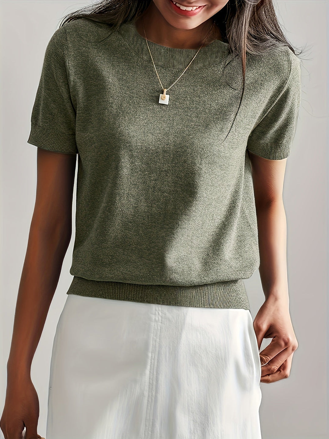 Briony | Women's Ribbed Knit Short Sleeve Sweater - Grey - Image 10
