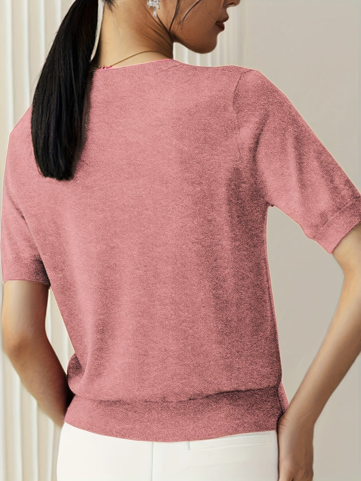 Briony | Women's Ribbed Knit Short Sleeve Sweater - Grey - Image 11