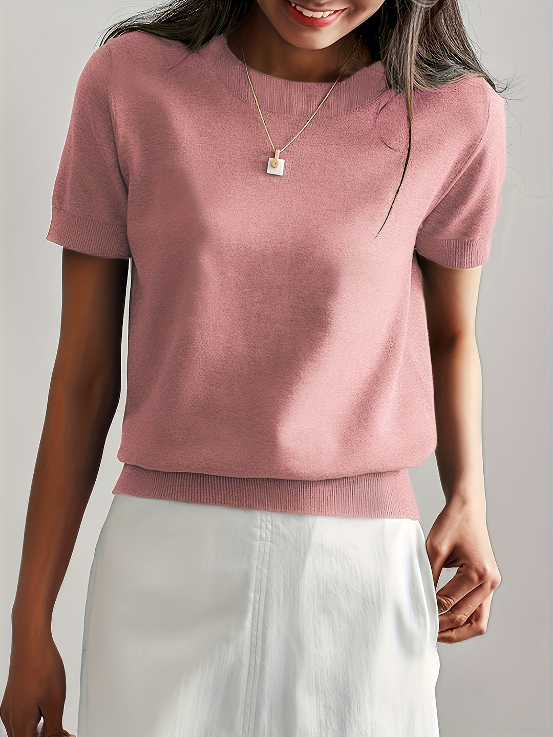 Briony | Women's Ribbed Knit Short Sleeve Sweater - Grey - Image 12