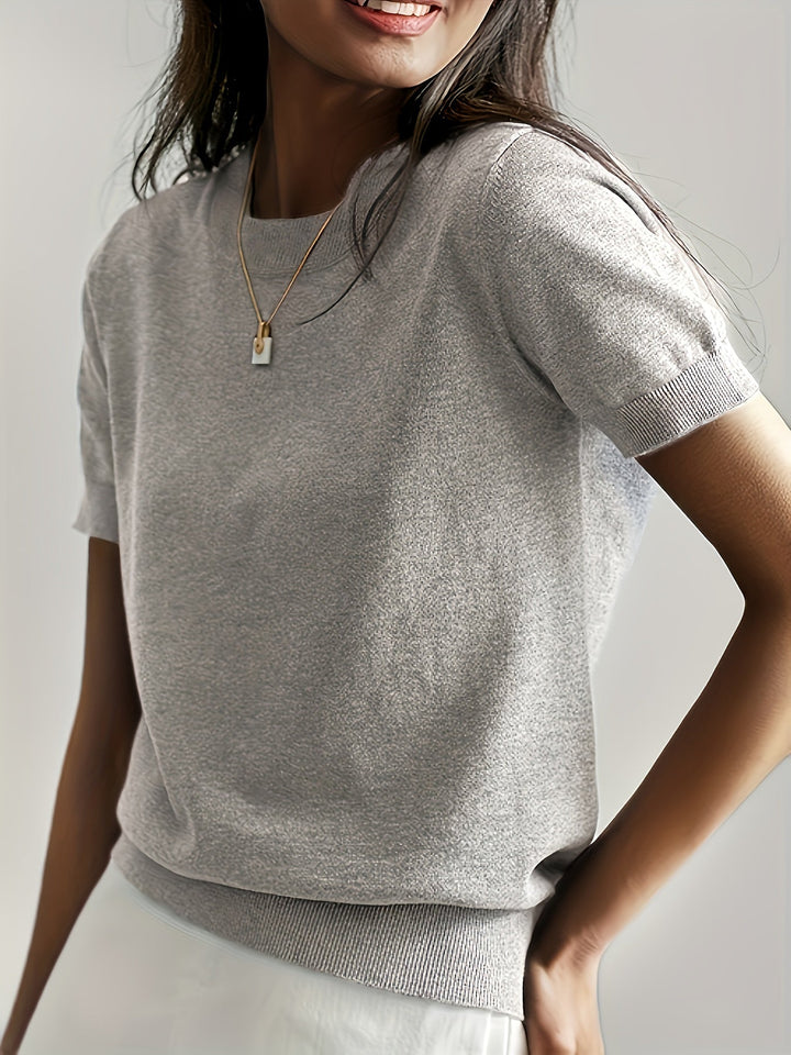 Briony | Women's Ribbed Knit Short Sleeve Sweater - Grey - Image 13