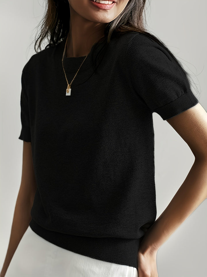 Briony | Women's Ribbed Knit Short Sleeve Sweater - Grey - Image 14