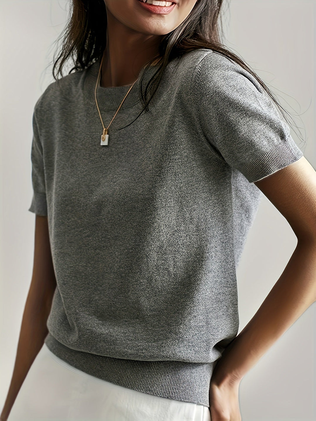 Briony | Women's Ribbed Knit Short Sleeve Sweater - Grey - Image 15