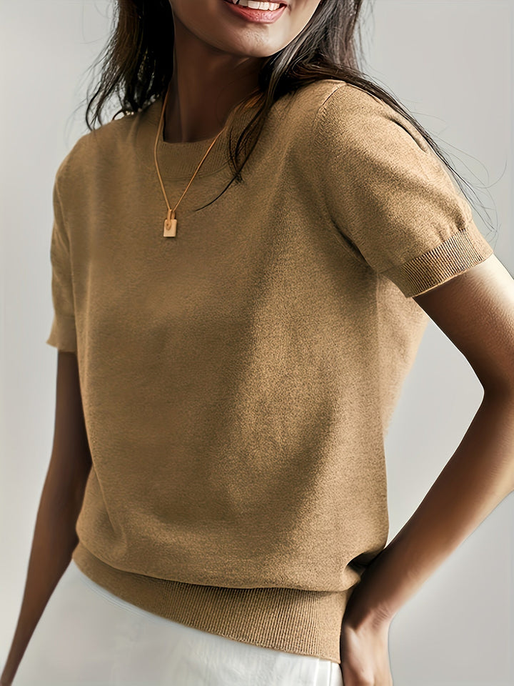 Briony | Women's Ribbed Knit Short Sleeve Sweater - Grey - Image 16
