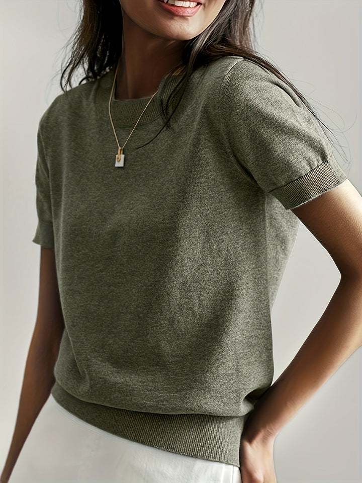 Briony | Women's Ribbed Knit Short Sleeve Sweater - Grey - Image 17