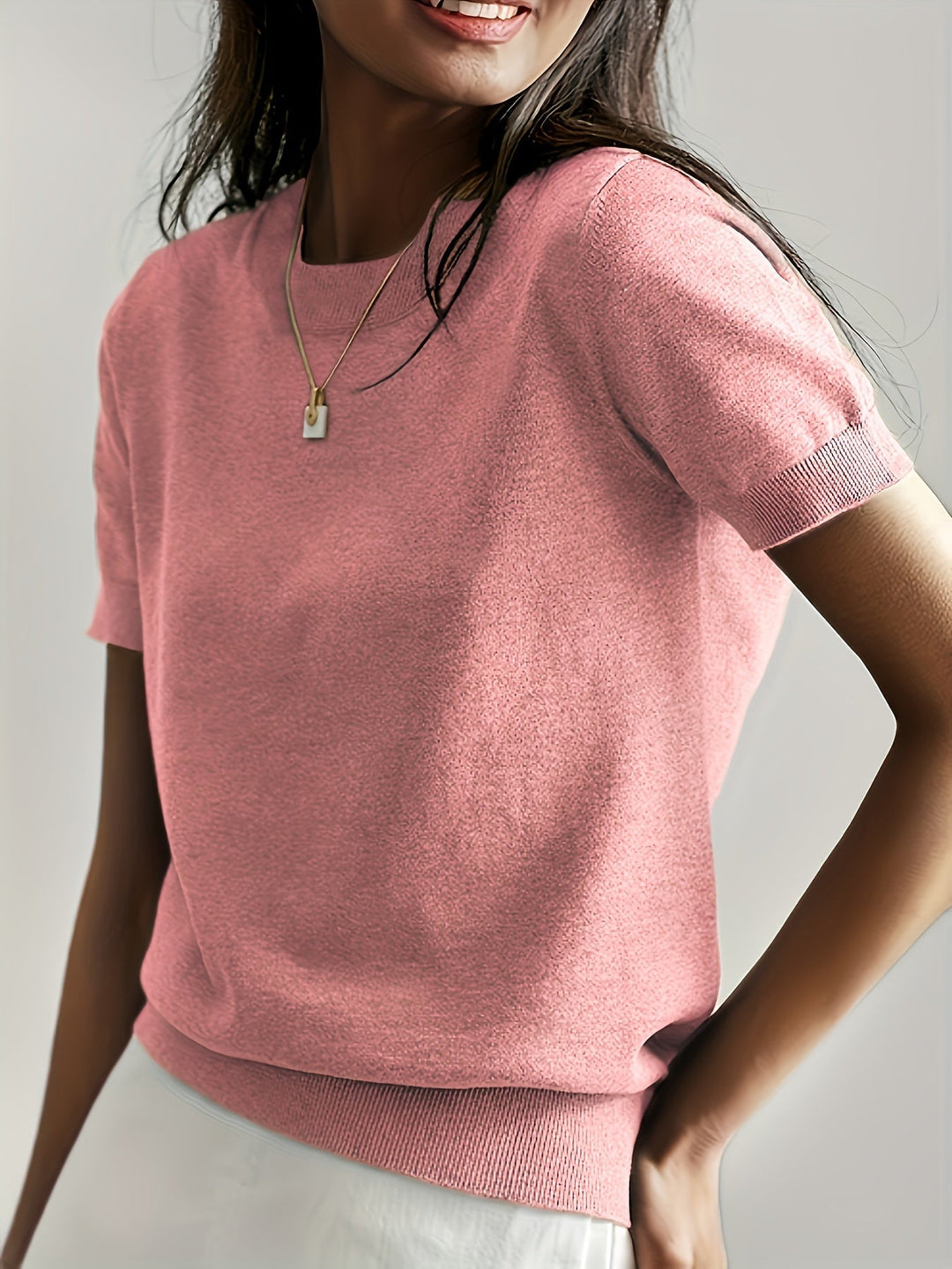Briony | Women's Ribbed Knit Short Sleeve Sweater - Grey - Image 18