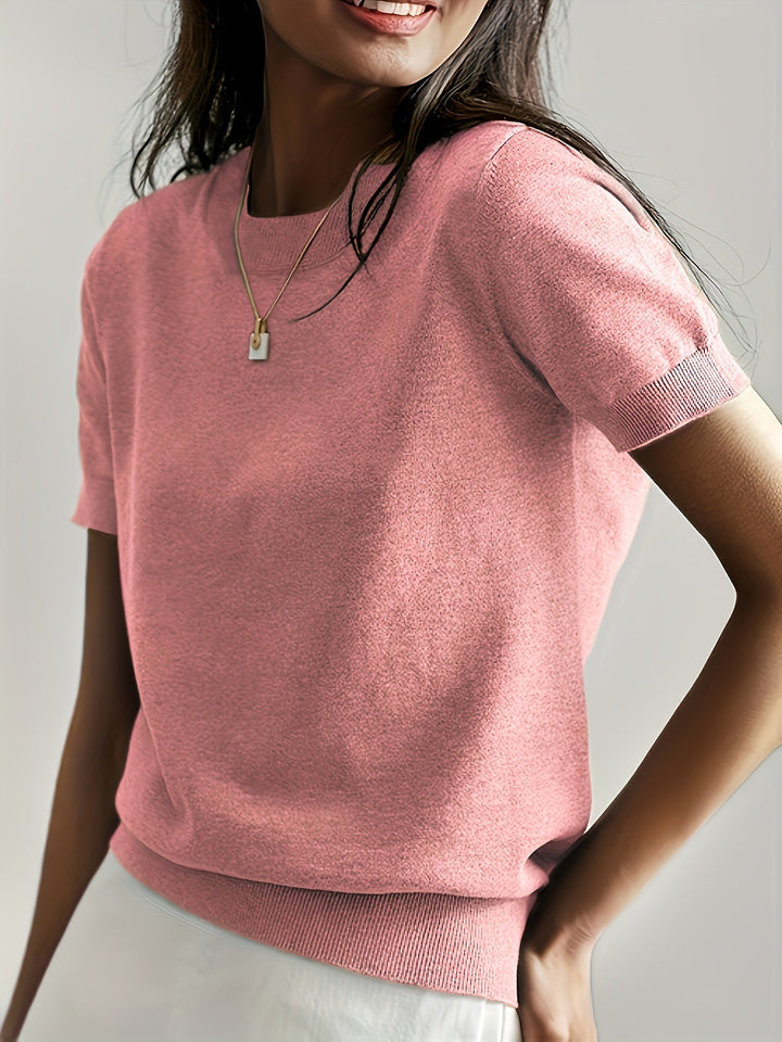 Briony | Women's Ribbed Knit Short Sleeve Sweater - Grey - Image 18