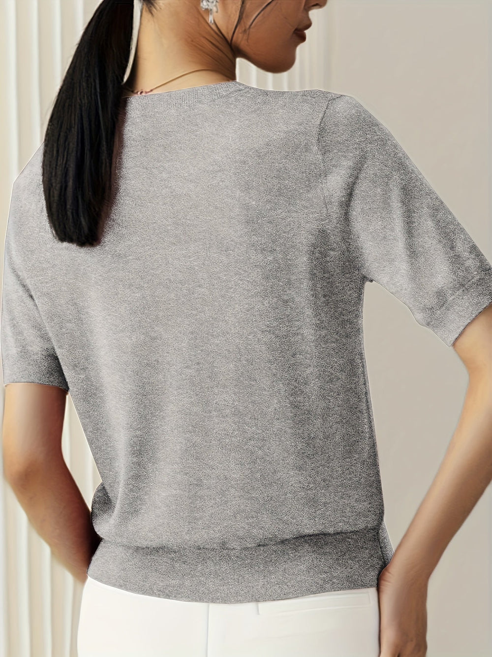 Briony | Women's Ribbed Knit Short Sleeve Sweater - Grey - Image 2
