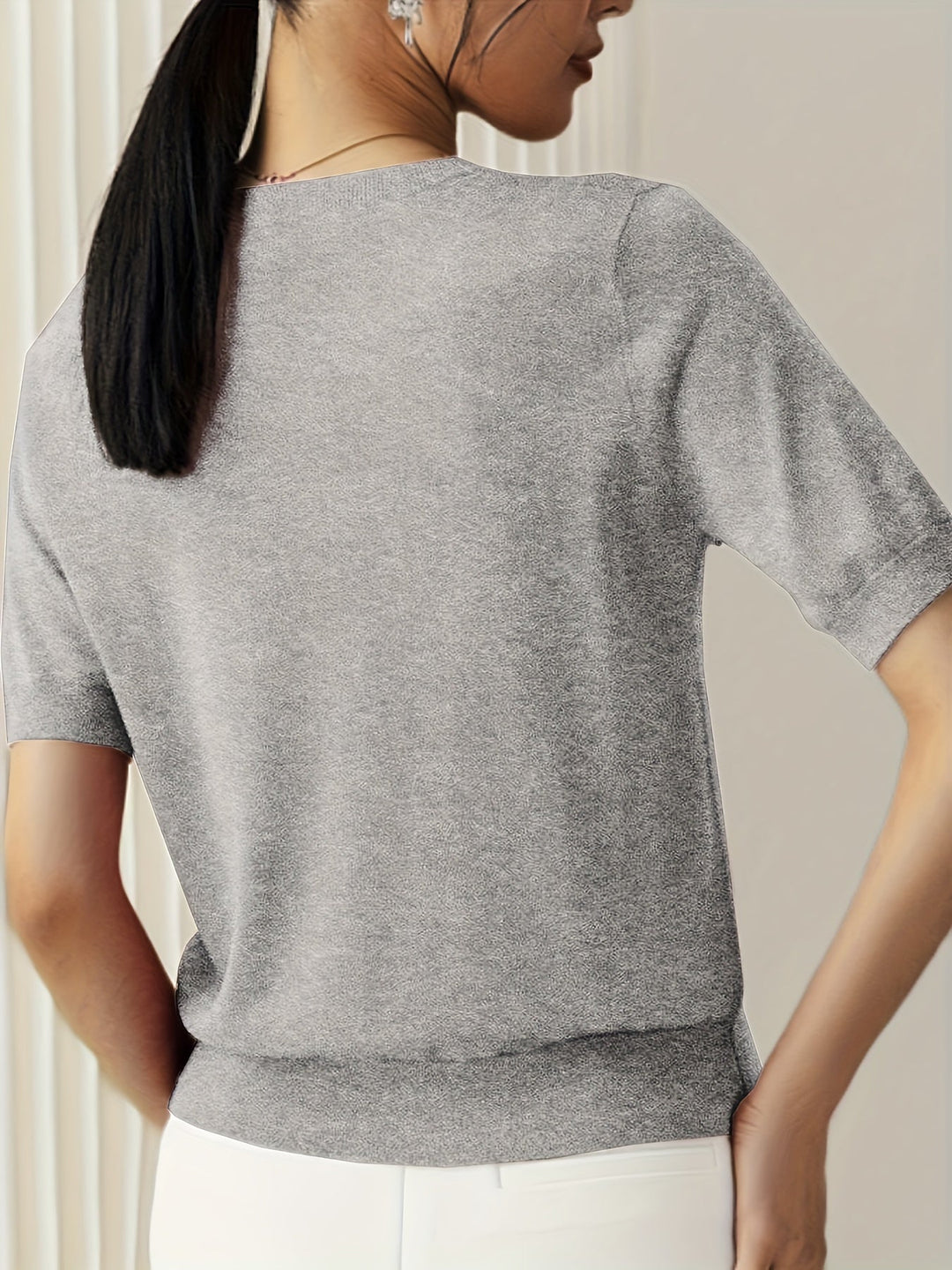 Briony | Women's Ribbed Knit Short Sleeve Sweater - Grey - Image 2