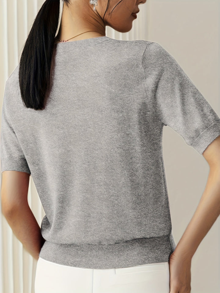 Briony | Women's Ribbed Knit Short Sleeve Sweater - Grey - Image 2