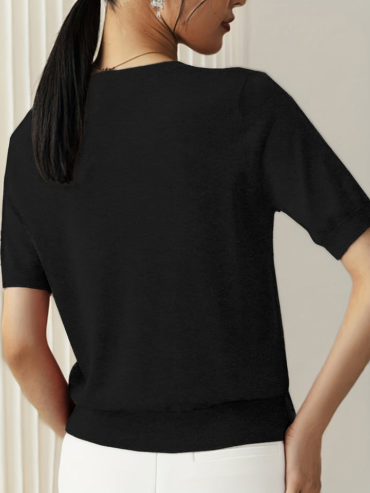 Briony | Women's Ribbed Knit Short Sleeve Sweater - Grey - Image 3