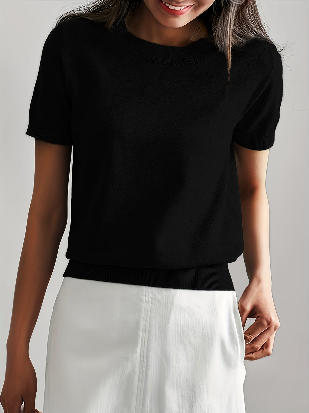 Briony | Women's Ribbed Knit Short Sleeve Sweater - Grey - Image 4