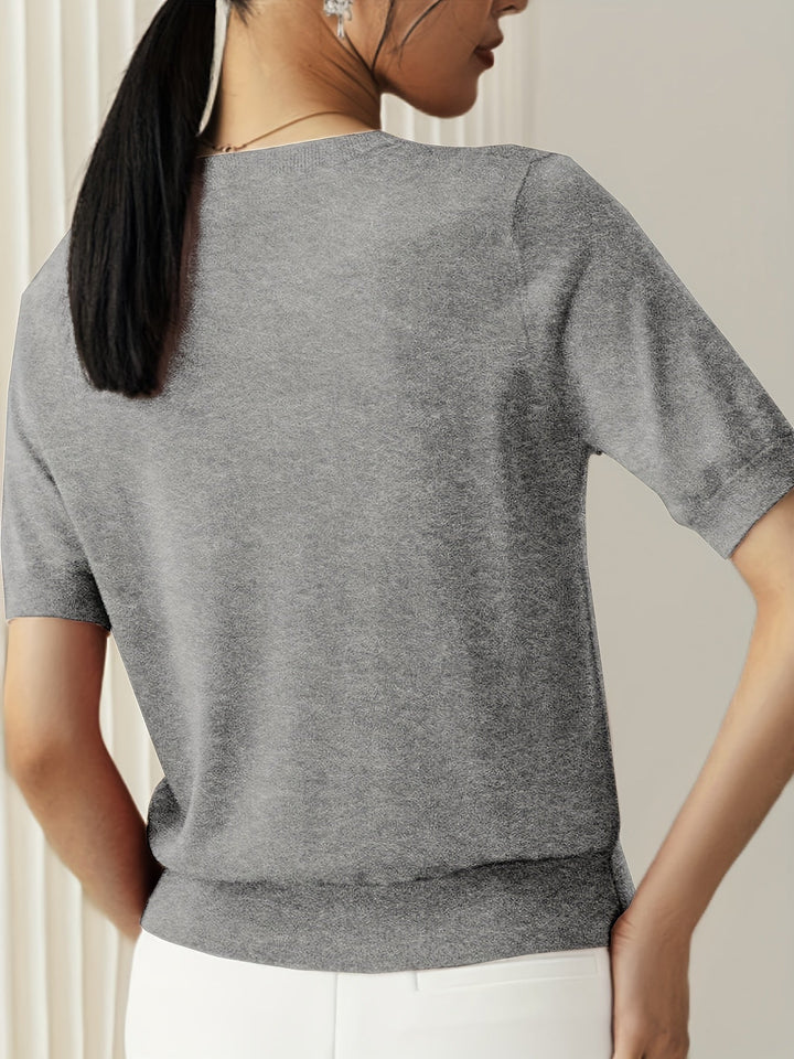 Briony | Women's Ribbed Knit Short Sleeve Sweater - Grey - Image 5