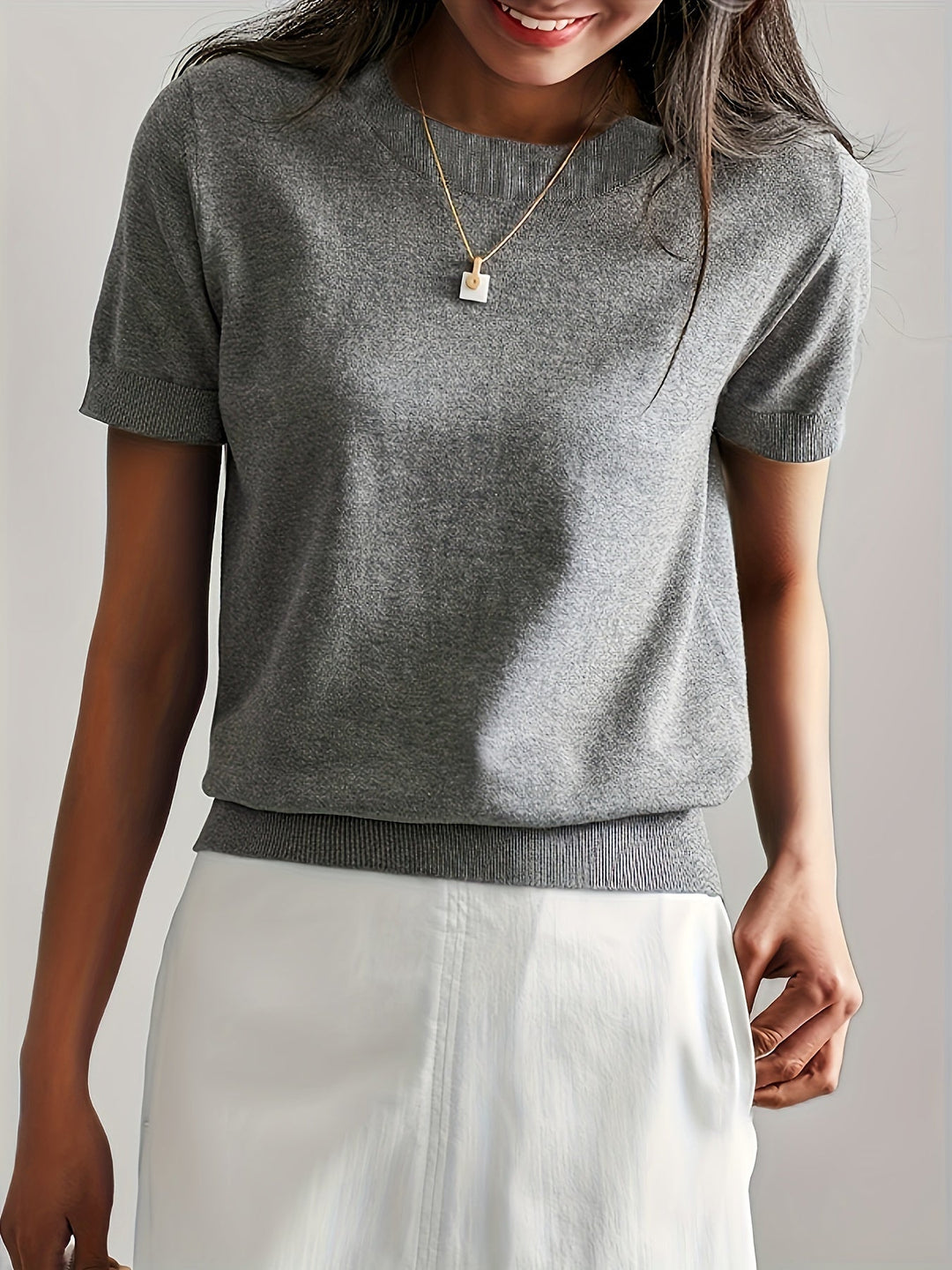 Briony | Women's Ribbed Knit Short Sleeve Sweater - Grey - Image 6