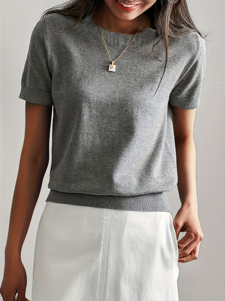 Briony | Women's Ribbed Knit Short Sleeve Sweater - Grey - Image 6