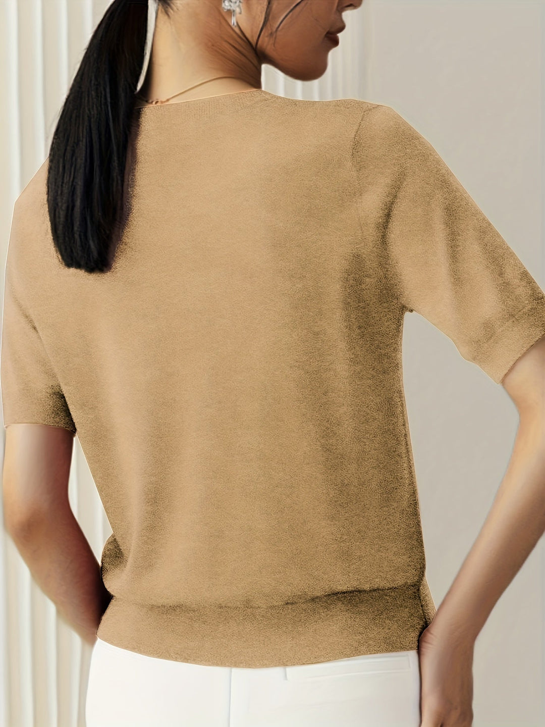 Briony | Women's Ribbed Knit Short Sleeve Sweater - Grey - Image 7