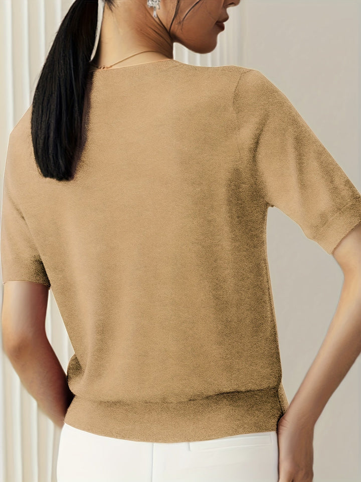 Briony | Women's Ribbed Knit Short Sleeve Sweater - Grey - Image 7