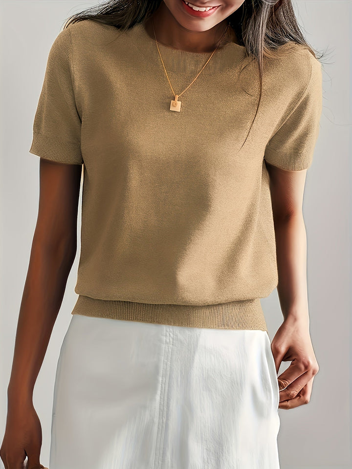 Briony | Women's Ribbed Knit Short Sleeve Sweater - Grey - Image 8