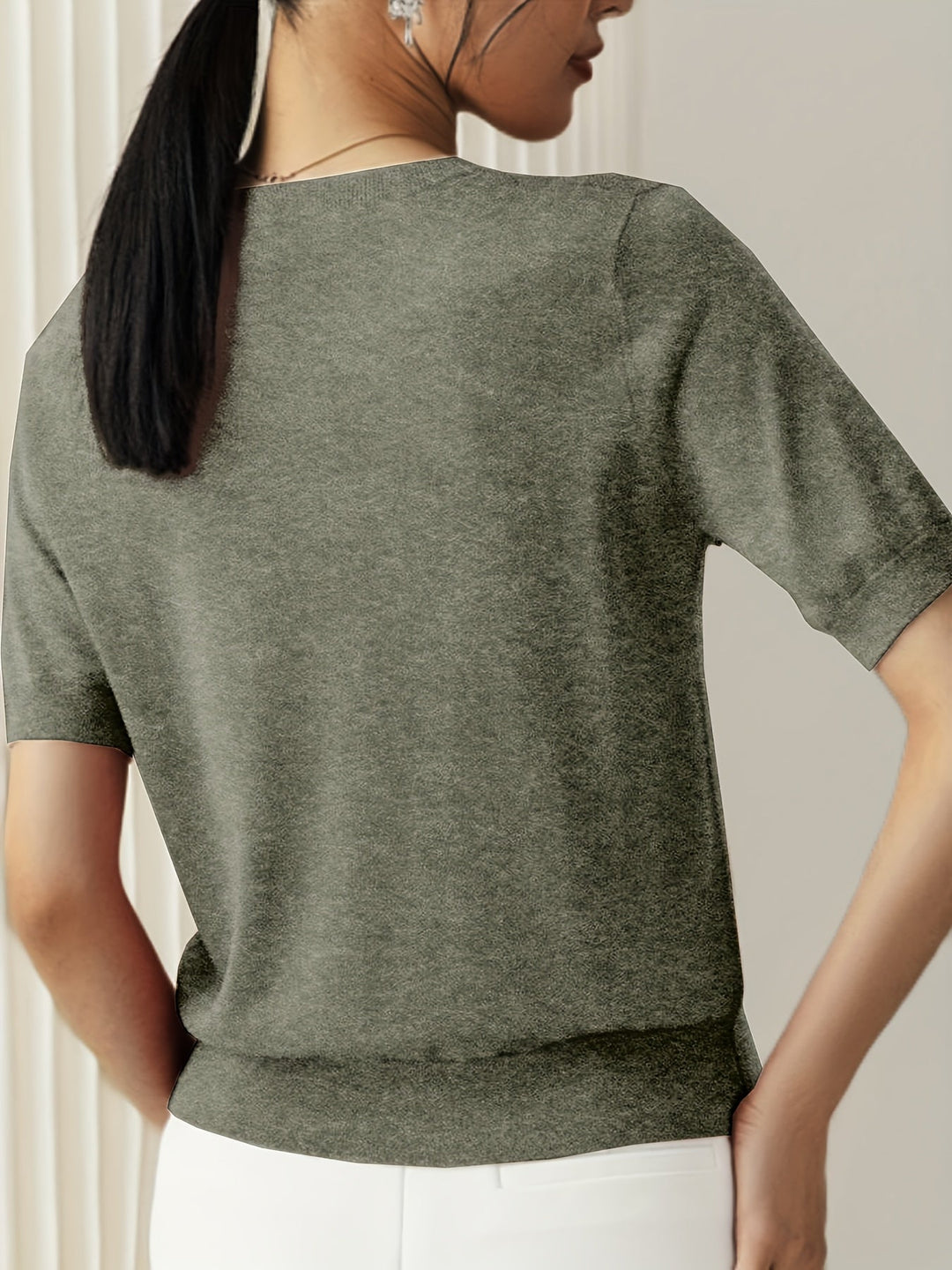 Briony | Women's Ribbed Knit Short Sleeve Sweater - Grey - Image 9