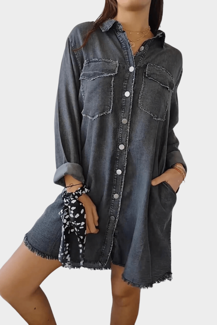 Briseis | Women's Oversized Denim Shirt Mini Dress - Dark Grey - Image 1