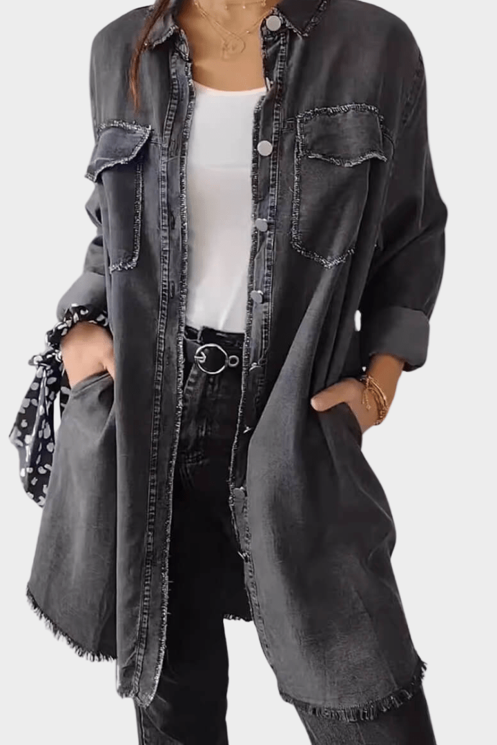 Briseis | Women's Oversized Denim Shirt Mini Dress - Dark Grey - Image 3