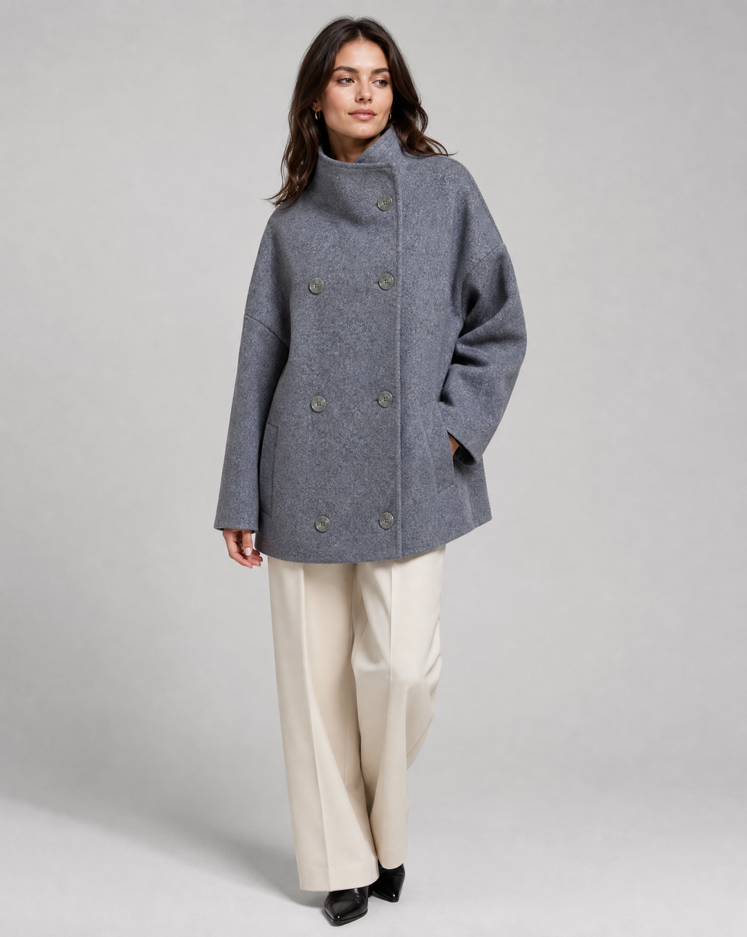 Bronte | Women's Double Breasted Stand Collar Coat - Grey - Image 1