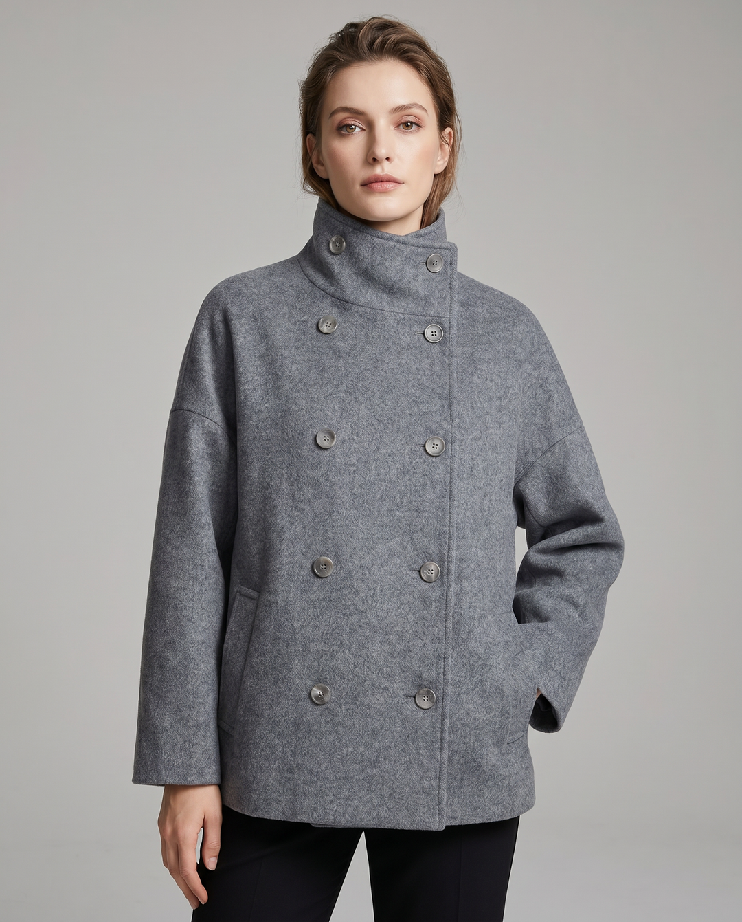 Bronte | Women's Double Breasted Stand Collar Coat - Grey - Image 2