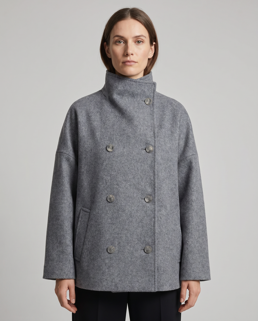 Bronte | Women's Double Breasted Stand Collar Coat - Grey - Image 3