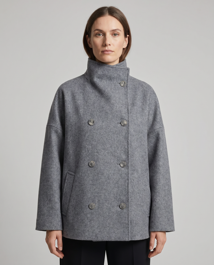 Bronte | Women's Double Breasted Stand Collar Coat - Grey - Image 3