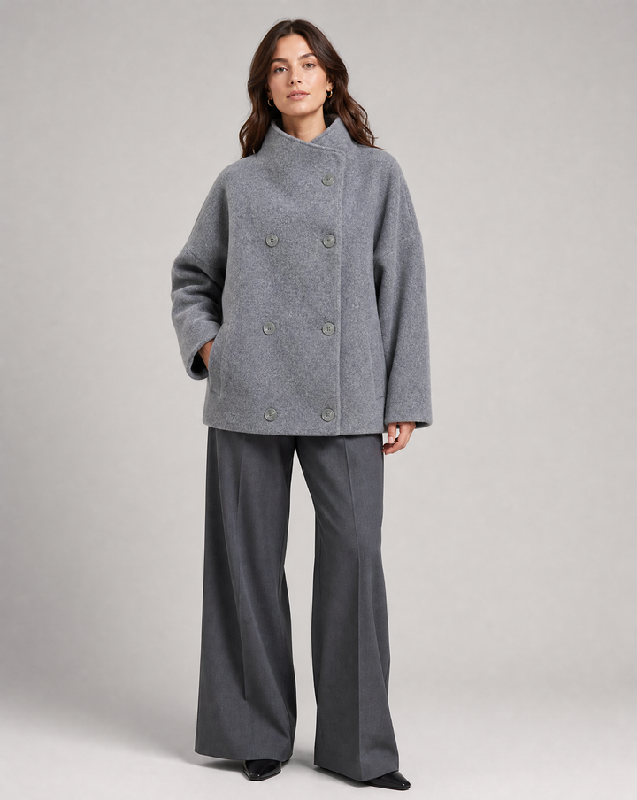 Bronte | Women's Double Breasted Stand Collar Coat - Grey - Image 4