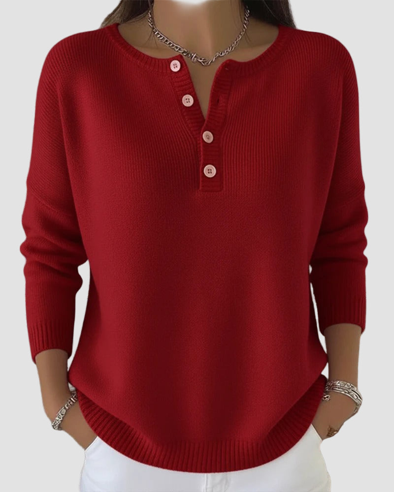 Bronwen | Women's Red Long Sleeve Henley Sweater - Red - Image 1