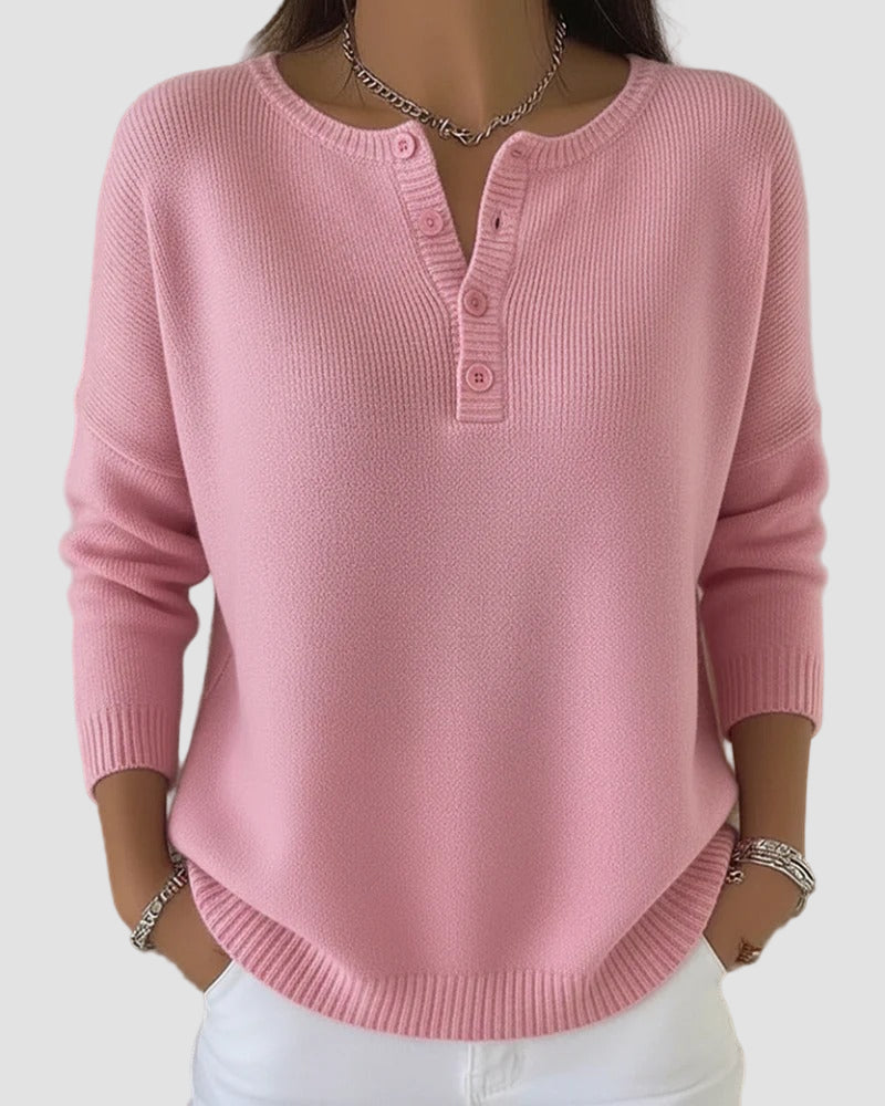 Bronwen | Women's Red Long Sleeve Henley Sweater - Red - Image 2
