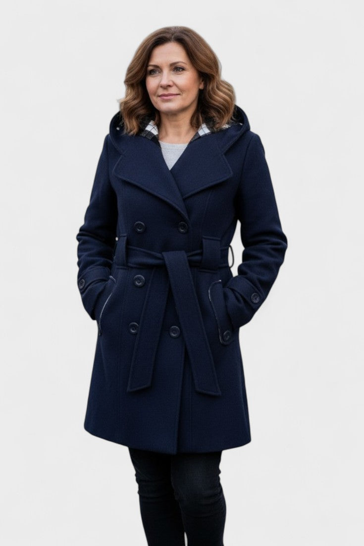 Bronwyn | Women's Double Breasted Hooded Coat - Blue - Image 7