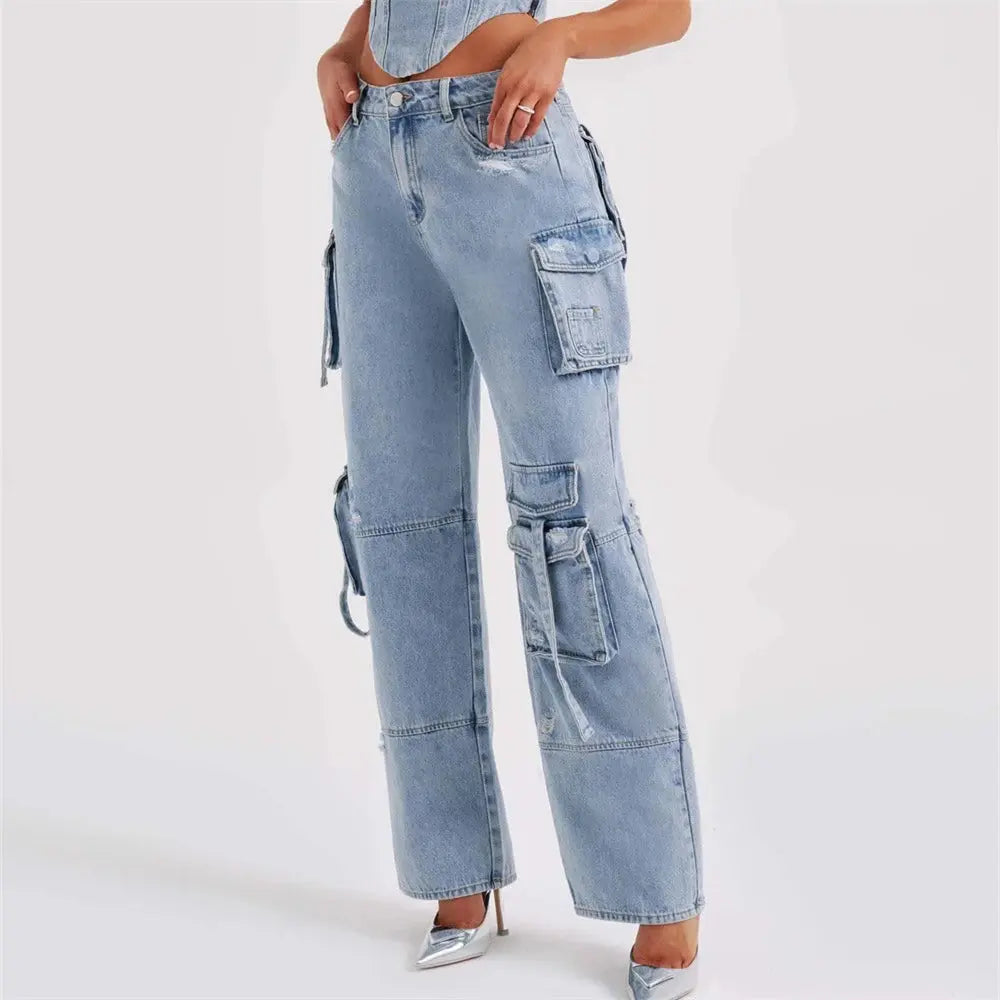 Brooke | Women's High Waisted Cargo Jeans - Light Blue - Image 1