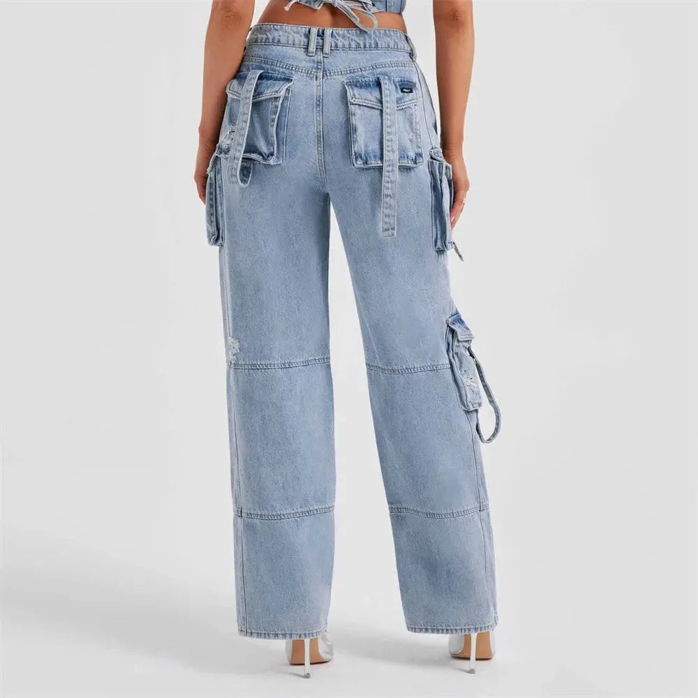Brooke | Women's High Waisted Cargo Jeans - Light Blue - Image 2