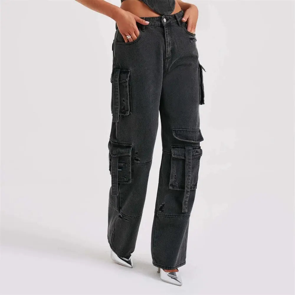 Brooke | Women's High Waisted Cargo Jeans - Light Blue - Image 4