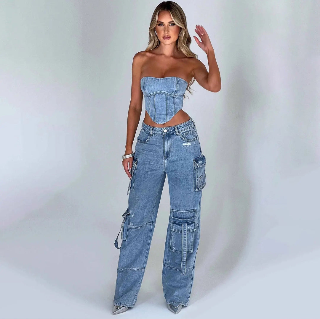 Brooke | Women's High Waisted Cargo Jeans - Light Blue - Image 5