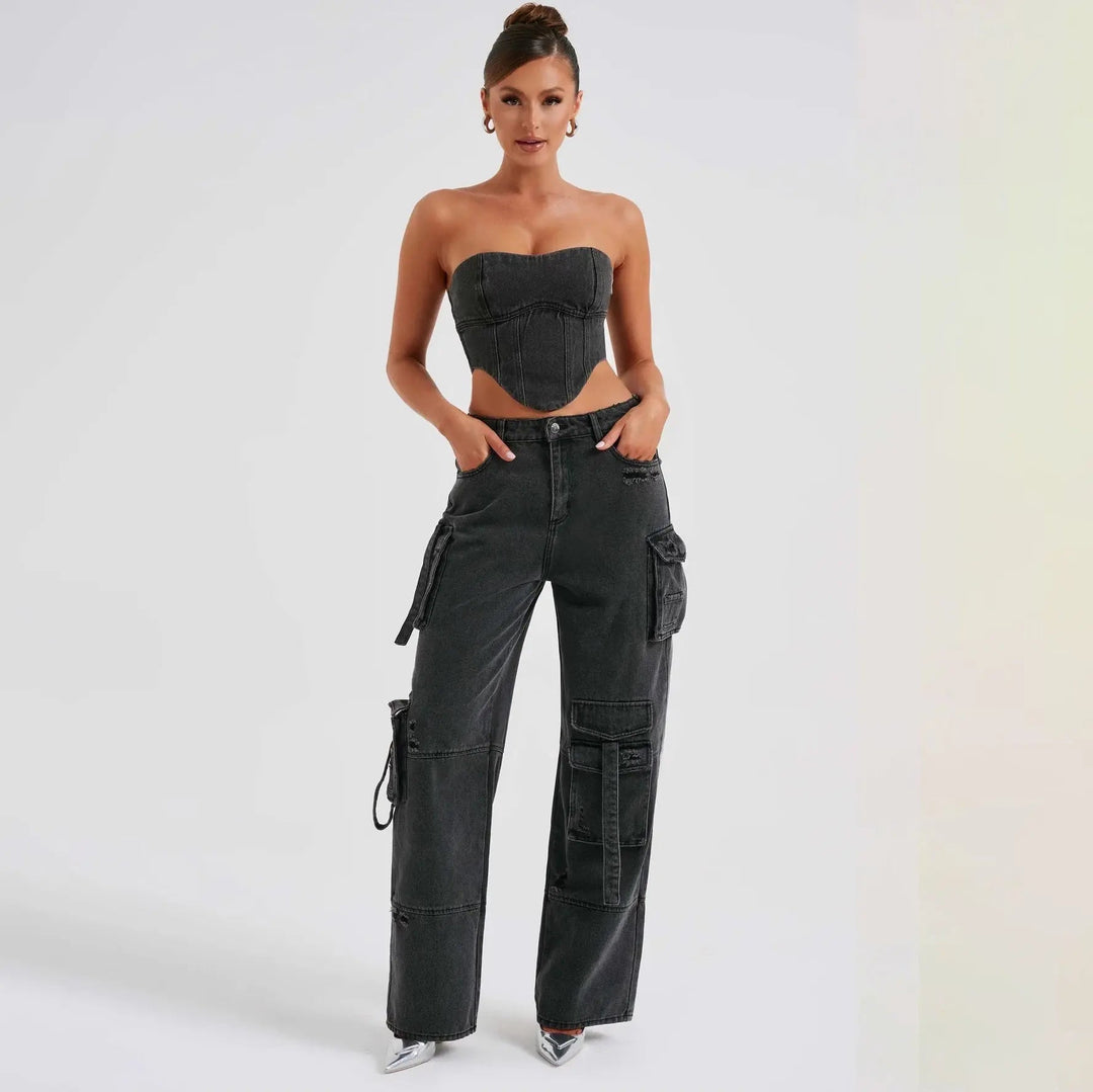 Brooke | Women's High Waisted Cargo Jeans - Light Blue - Image 6
