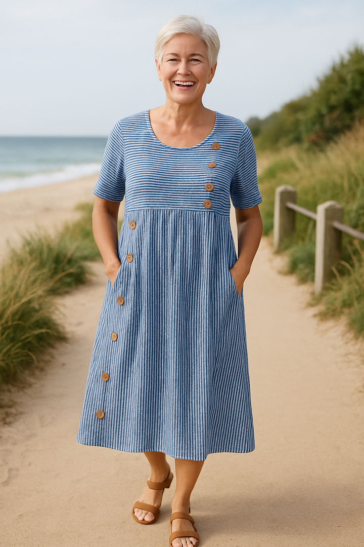 Brynn | Women's Striped Midi Dress with Pockets - Blue - Image 1