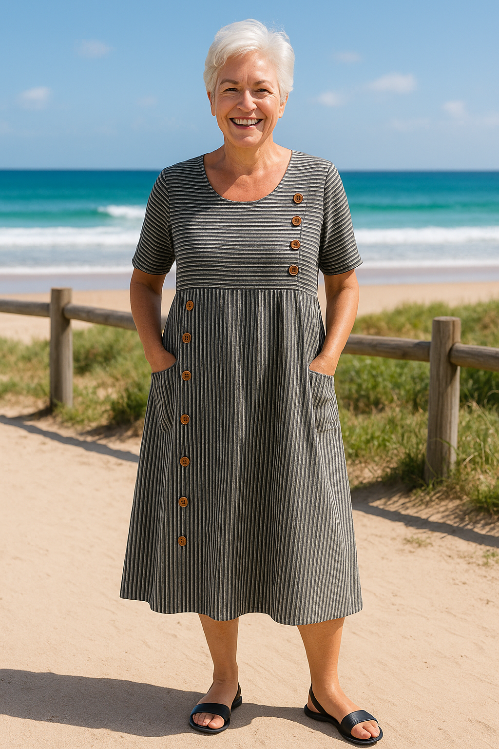 Brynn | Women's Striped Midi Dress with Pockets - Blue - Image 2